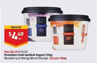 Premiére fruit swirled yogurt blueberry or mango blood orange