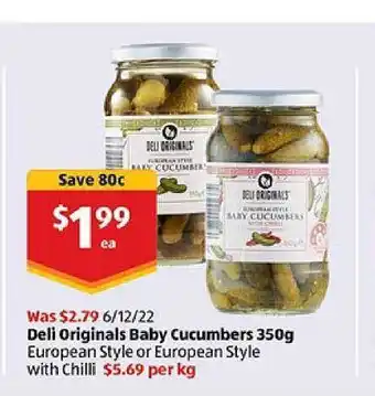 ALDI Deli originals baby cucumbers european style or european style with chilli offer