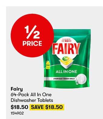 BIG W Fairy 64-pack all in one dishwasher tablets offer