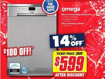 The Good Guys Omega 60cm freestanding dishwasher offer