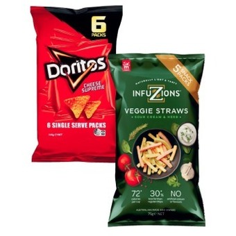 Coles Doritos corn chips 6 pack or majans infuzions veggie straws 5 pack offer