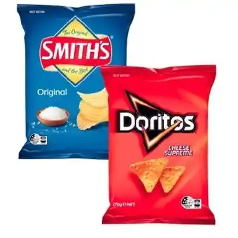 Coles Doritos corn chips 150g-170g, doritos 3d 130g, smith's crinkle cut or double crunch 150g-170g offer