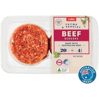 Coles Coles beef, thyme & parsley burgers 500g offer