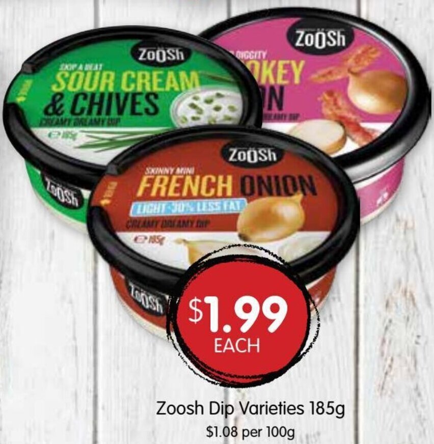 Zoosh dip varieties 185g offer at Spudshed