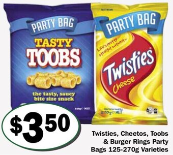 Friendly Grocer Twisties, cheetos, toobs & burger rings party bags 125-270g varieties offer