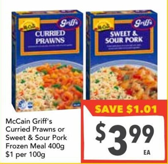 McCain Griff's curried prawns or sweet sour pork frozen meal 400g offer