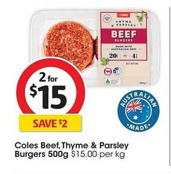 Coles Coles beef thyme & parsley burgers offer