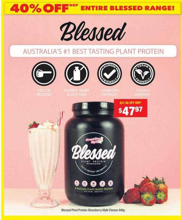 Blessed plant protein strawberry mylk flavour offer at Chemist Warehouse