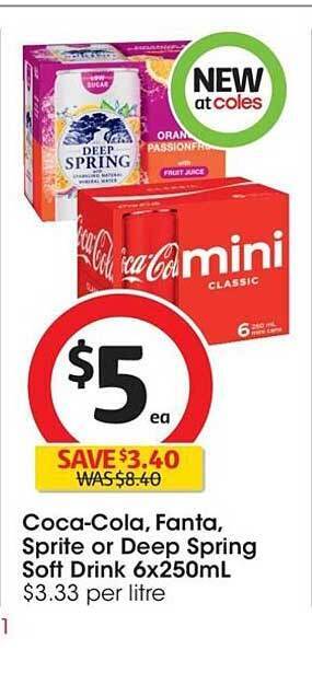 Coles Coca-cola fanta sprite or deep spring soft drink 6x250ml offer