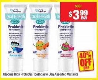 Chemist Warehouse Blooms kids probiotic toothpaste 50g assorted variants offer