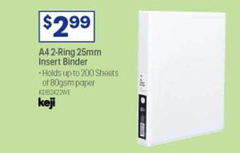 Officeworks A4 2-ring 25mm insert binder keji offer