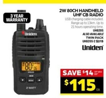 Autopro Uniden 2W 80CH Handheld UHF CB Radio offer