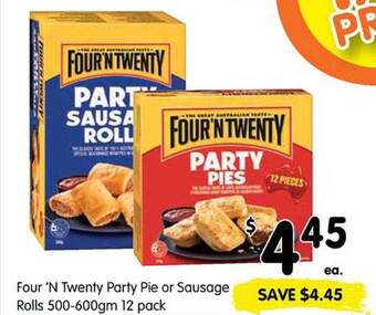 Spar Four 'n twenty party pie or sausage rolls 500-600gm 12 pack offer