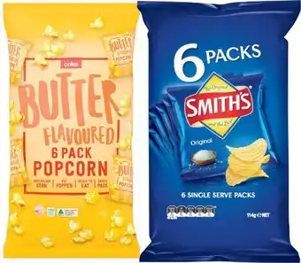 Coles Smithu2019s Chips 6 Pack 114g or Coles Butter Popcorn 6 Pack 90g offer