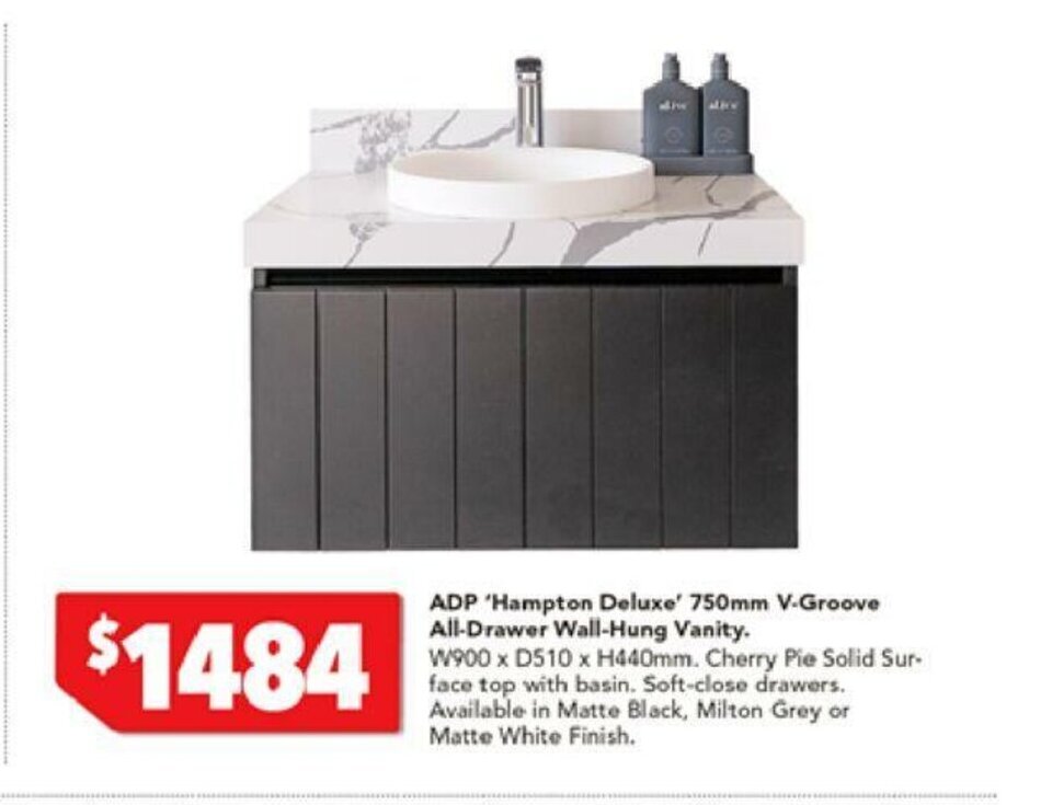 ADP 'Hampton Deluxe' 750mm VGroove AllDrawer WallHung Vanity offer at Harvey Norman