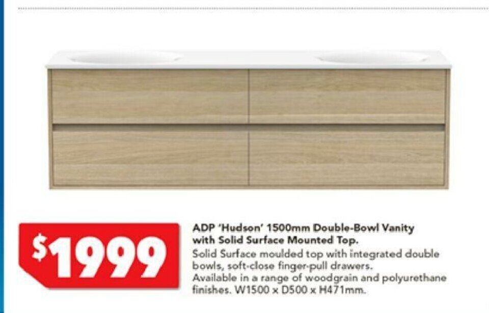 ADP 'Hudson' 1500mm DoubleBowl Vanity with Solid Surface Mounted Top offer at Harvey Norman