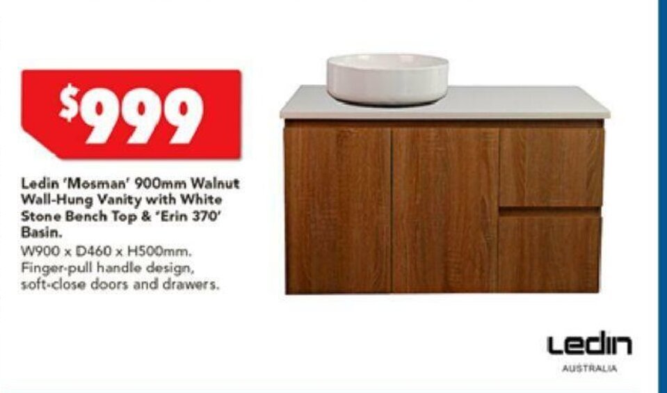 Ledin 'Mosman' 900mm Walnut WallHung Vanity with White Stone Bench Top