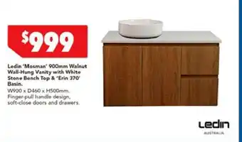 Harvey Norman Ledin 'Mosman' 900mm Walnut Wall-Hung Vanity with White Stone Bench Top & 'Erin 370' Basin offer