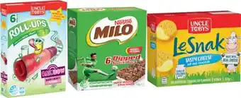 Coles Uncle Tobys Roll Ups 94g or Le Snak 132g or Nestlé Milo Bars 126g-160g offer