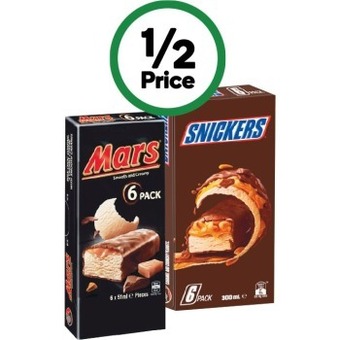 Woolworths Mars or snickers ice cream bars 295-300ml pk 6 offer