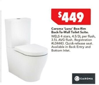 Harvey Norman Caroma 'Luna' Box-Rim Back-to-Wall Toilet Suite offer