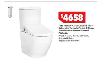 Harvey Norman Toto 'Basic+' Close Coupled Toilet Suite with Tornado Flush+ D-Shape Washlet with Remote Control Package offer