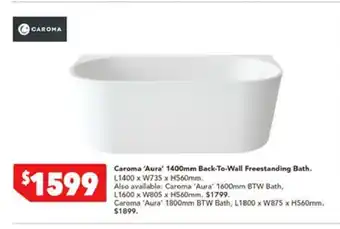 Harvey Norman Caroma 'Aura' 1400mm Back-to-Wall Freestanding Bath offer