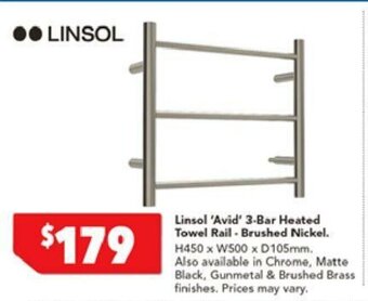 Harvey Norman Linsol 'Avid' 3-Bar Heated Towel Rail - Brushed Nickel offer