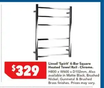 Harvey Norman Linsol 'Spirit' 6-Bar Square Heated Towel Rail - Chrome offer
