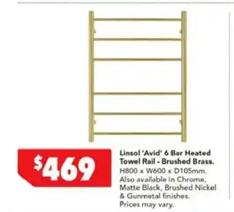 Harvey Norman Linsol 'Avid' 6 Bar Heated Towel Rail - Brushed Brass offer