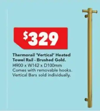 Harvey Norman Thermorail 'Vertical' Heated Towel Rail - Brushed Gold offer
