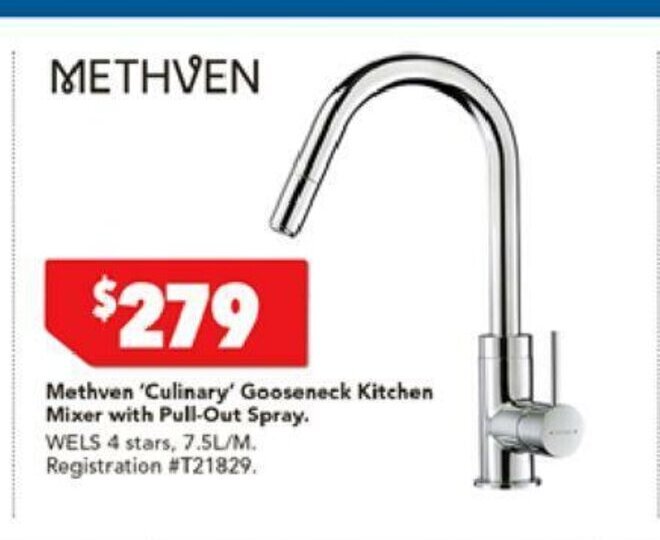 Methven 'Culinary' Gooseneck Kitchen Mixer with PullOut Spray offer at Harvey Norman