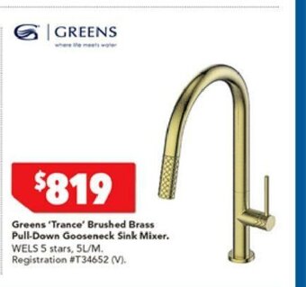Harvey Norman Greens 'Trance' Brushed Brass Pull-Down Gooseneck Sink Mixer offer