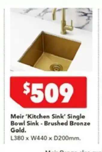 Harvey Norman Meir 'Kitchen Sink' Single Bowl Sink - Brushed Bronze Gold offer