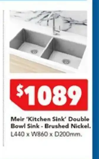 Harvey Norman Meir 'Kitchen Sink' Double Bowl Sink - Brushed Nickel offer