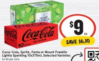 IGA Coca-cola, Sprite, Fanta or Mount Franklin lightly sparkling 10x375ml offer