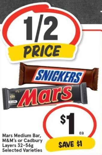 IGA Mars medium bar, M&M's or Cadbury layers 32-56g offer