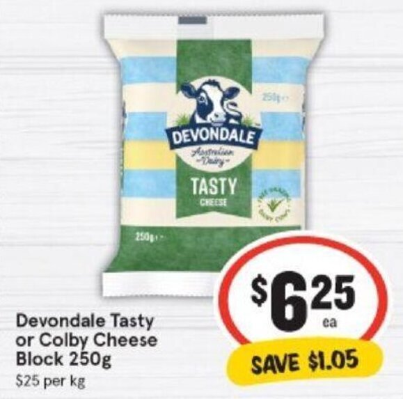 Devondale tasty or colby cheese block 250g offer at IGA