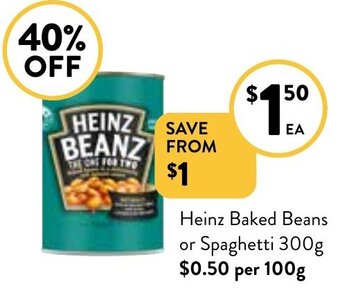 Foodworks Heinz baked beans or spaghetti 300g offer