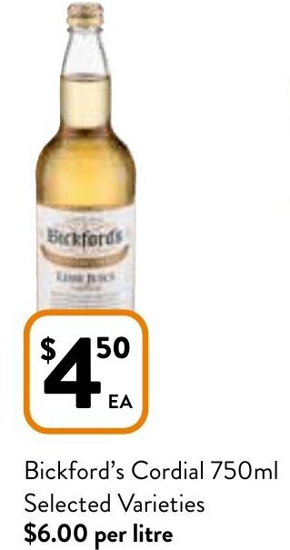 Foodworks Bickford's cordial 750ml offer