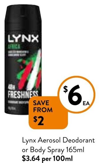 Foodworks Lynx aerosol deodorant or body spray 165ml offer
