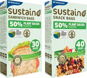 Woolworths Hercules Sustain 50% Plant Based Food Storage Bags Pk 15-40 or 25% Plant Based Freezer Bags Small Pk 20 offer