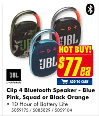 The Good Guys JBL - Clip 4 Bluetooth Speaker - Blue, Pink, Squad or Black Orange offer