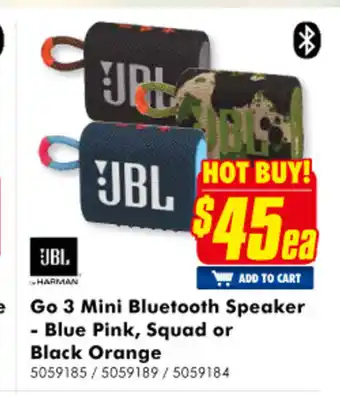 The Good Guys JBL - Go 3 Mini Bluetooth Speaker - Blue Pink, Squad or Black Orange offer