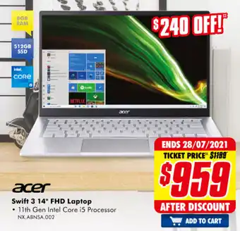 The Good Guys Acer - Swift 3 14" FHD Laptop - NX.ABNSA.002 offer