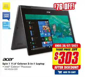 The Good Guys Acer - Spin 1 11.6" Celeron 2-in-1 Laptop - NX.H0USA.009 offer