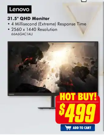 The Good Guys Lenovo - 31.5" QHD Monitor - 66A6GAC1AU offer