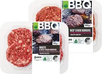 Woolworths Woolworths BBQ Gourmet Wagyu Beef Chuck Burger or Woolworths BBQ Beef Chuck Burgers with Roasted Garlic & Cracked Pepper 500g offer
