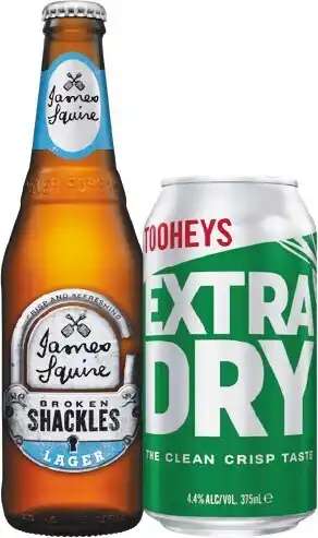 Woolworths James Squire Broken Shackles Bottles 24x345ml OR Tooheys Extra Dry Block 30x375ml Cans offer