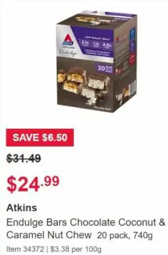 Atkins endulge bars chocolate coconut & caramel nut chew 20 pack, 740g